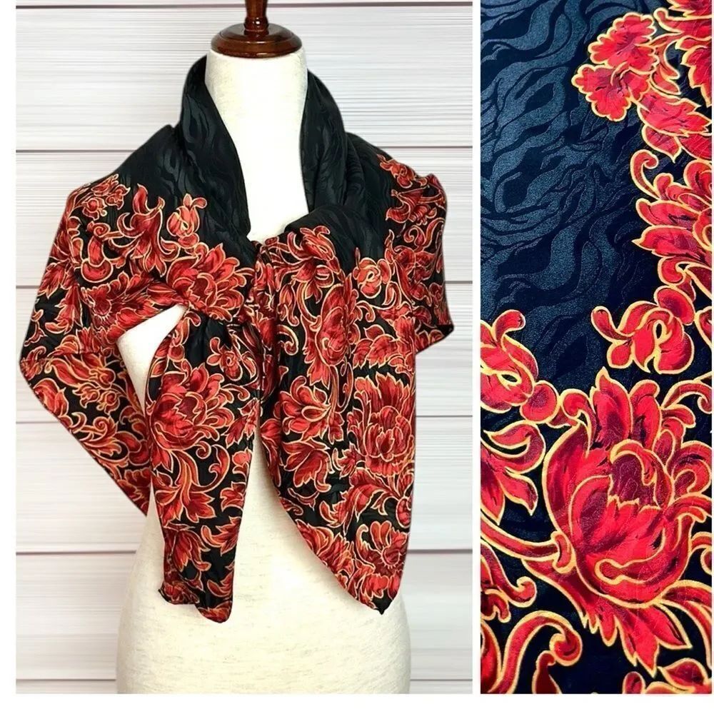Jeannene Booher Silk Jacquard Scarf Black Red Gold Paisley Floral Hand Rolled